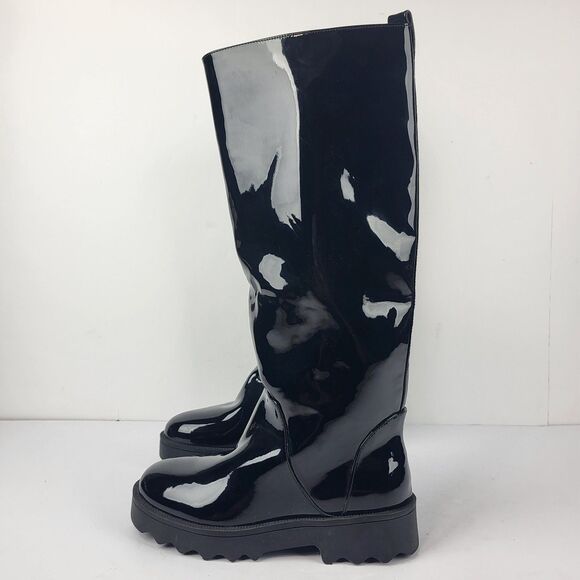 Aerosoles Slalom Knee High Boots Pull on Lug Sole Black Wet look 7M - Picture 2 of 13